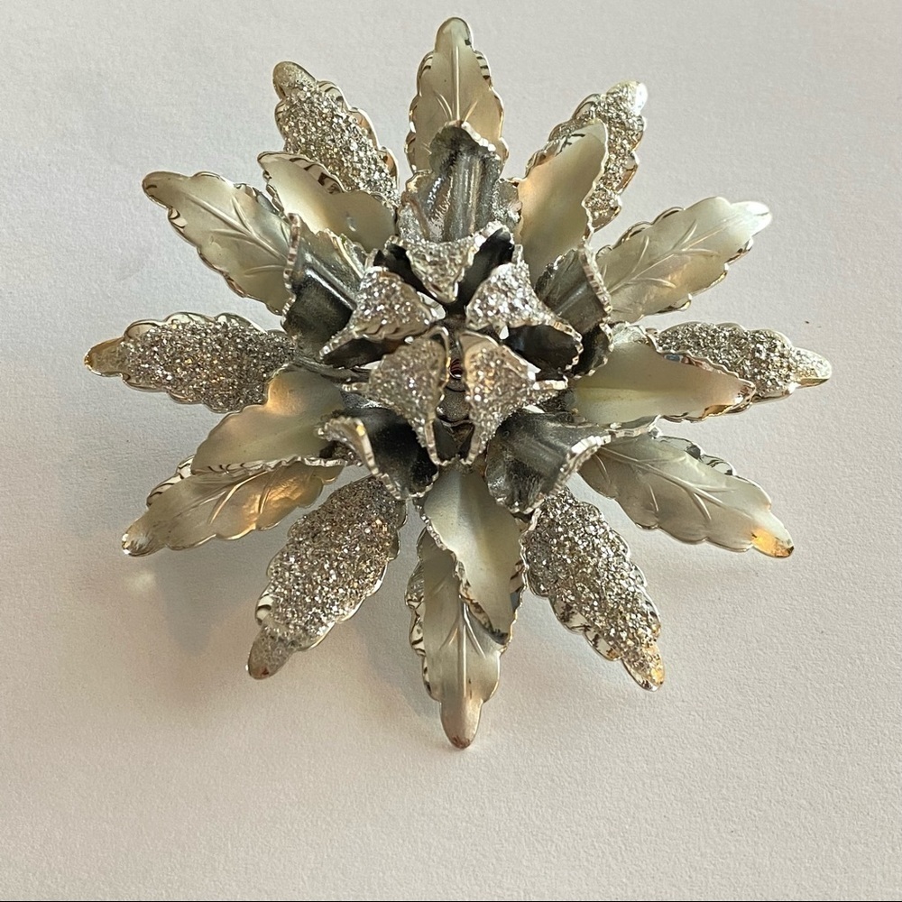 Vintage Coro Silvertone Flower Brooch Pin 3D Signed Peony Floral Flower Pin